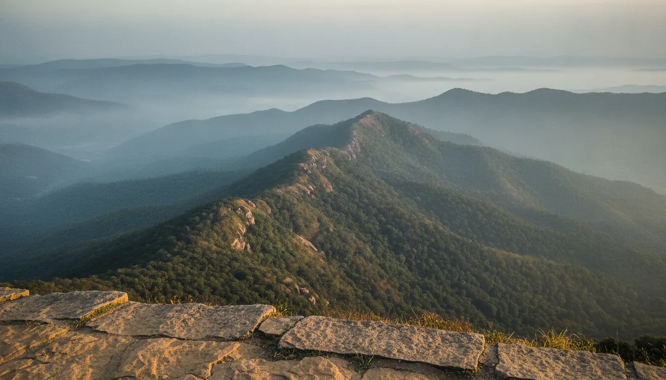 Misty Western Ghats ridgeline at sunrise seen from a stone viewpoint near Sakleshpur, with forested hills fading into the valley haze