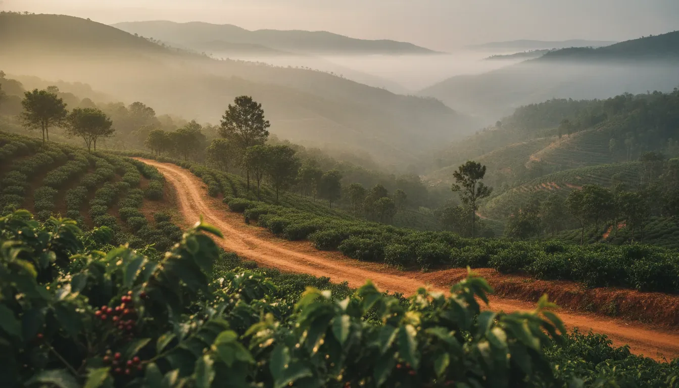 Coffee plantation with ripening red coffee cherries in the foreground and a red dirt path winding through misty hills, typical of the Sakleshpur, Coorg, and Chikmagalur region