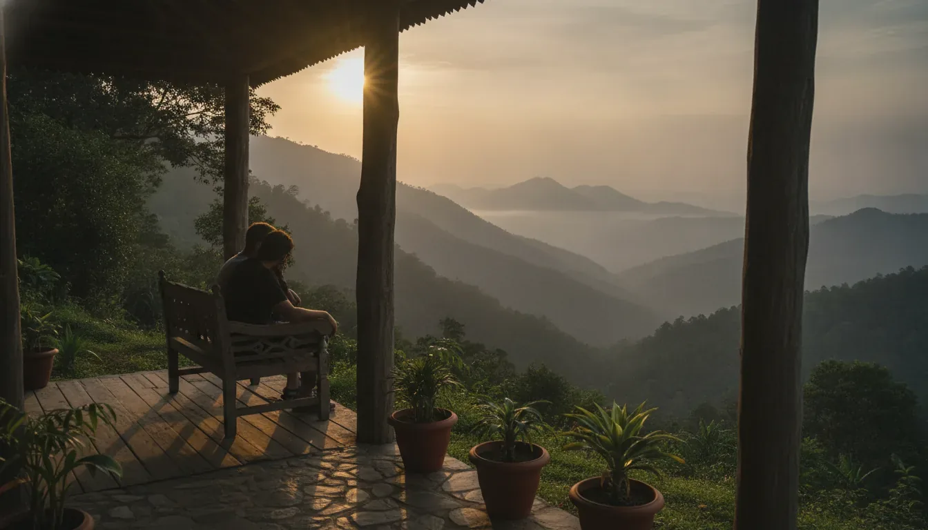 Couple sitting close together on a wooden bench on a resort verandah, watching the sun rise over misty forested hills in Sakleshpur