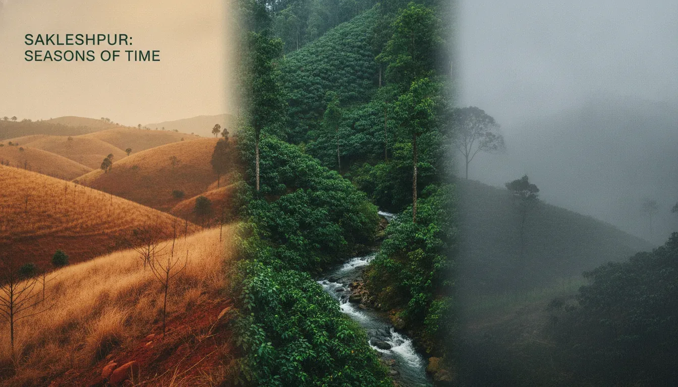 Split image showing Sakleshpur across three seasons: dry golden grassland hills in summer, lush green forest with a flowing stream in the monsoon, and fog-covered hills in winter