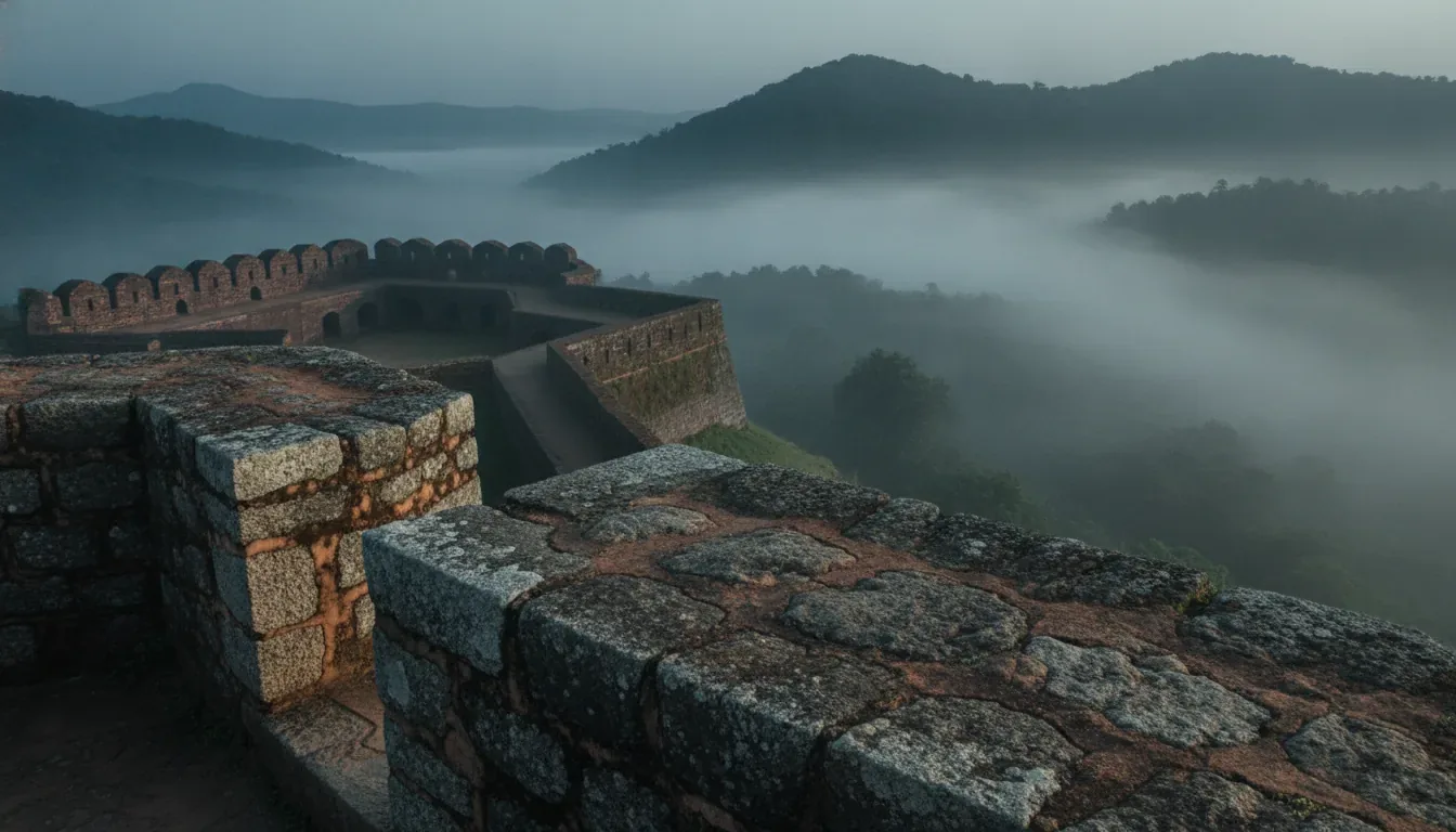 Weathered stone ramparts and crenellated walls of Manjarabad Fort near Sakleshpur, overlooking fog-filled valleys and forested hills at dawn