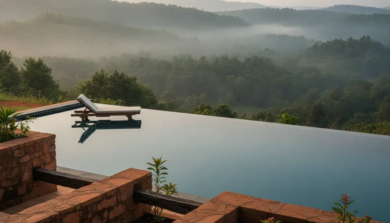 Infinity pool with a single sun lounger at a hillside resort in Sakleshpur, edged by laterite stone walls and overlooking misty forested valleys