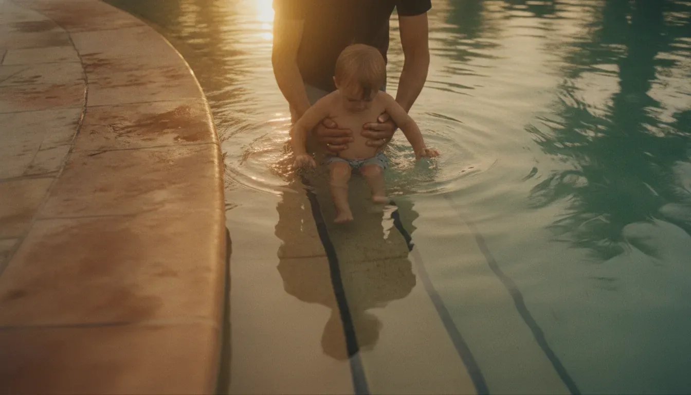 Parent holding a baby in the shallow end of a resort swimming pool in warm evening light, a family-friendly moment at a Sakleshpur resort