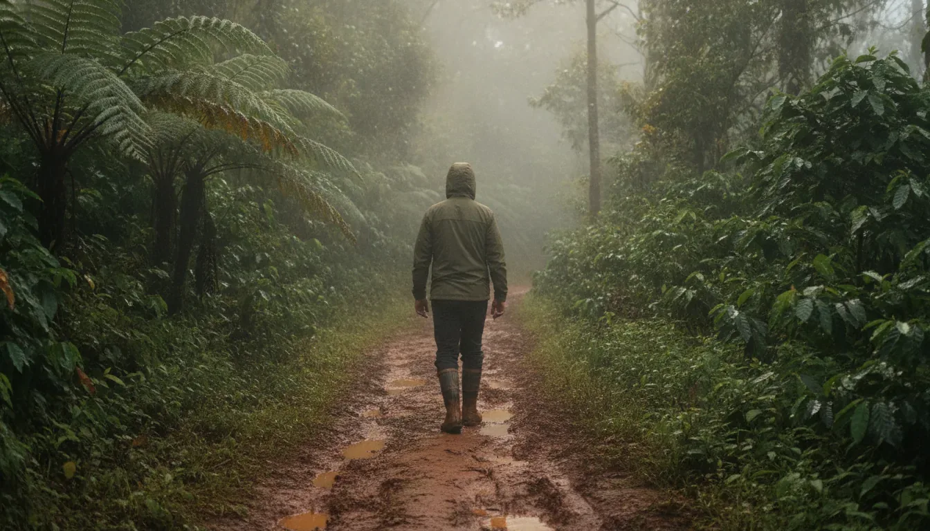 Hiker in a hooded rain jacket and gumboots walking a muddy red-earth trail through misty rainforest and coffee plants on a monsoon trek in Sakleshpur