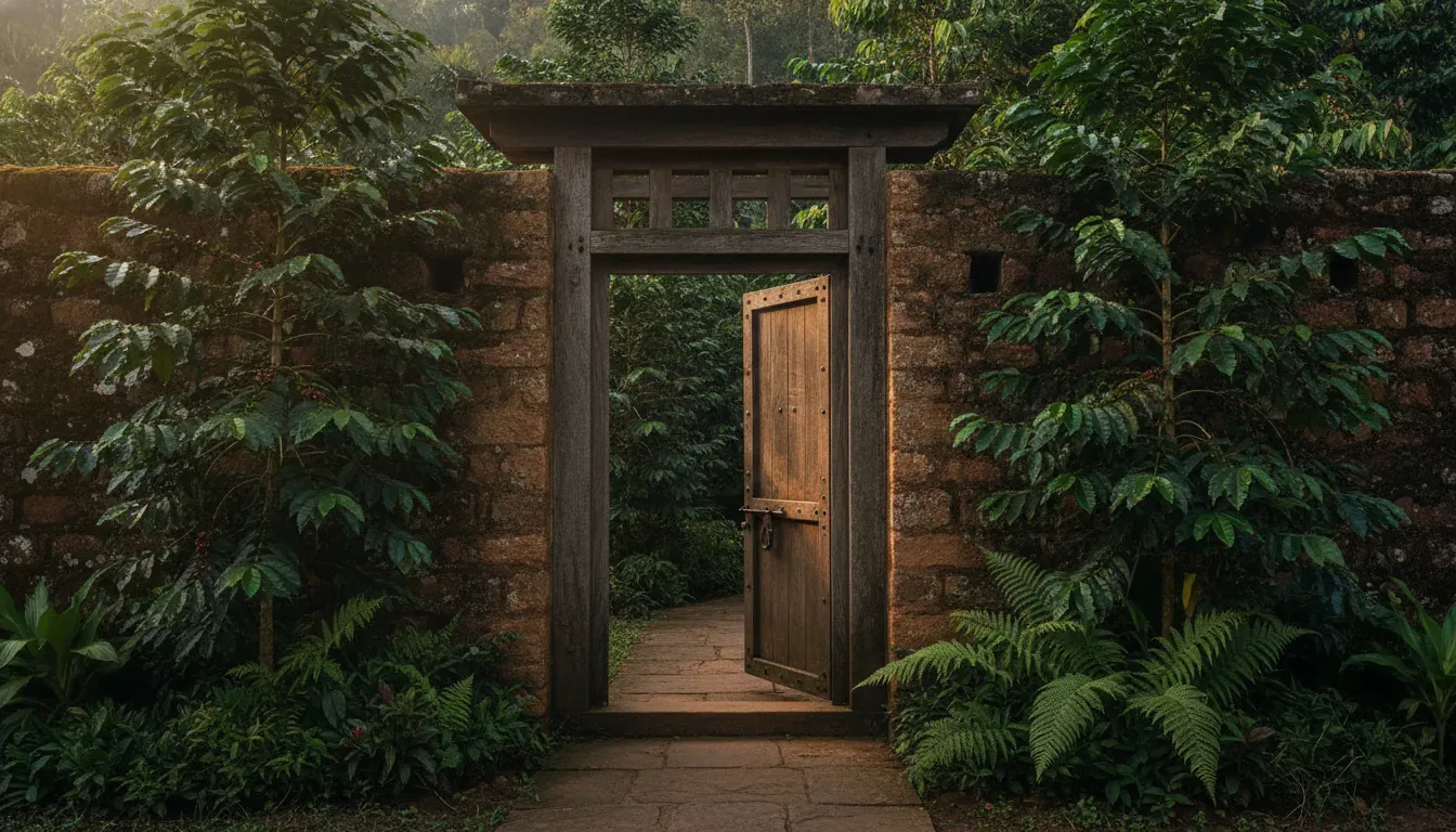 Open wooden gate in a laterite stone wall leading onto a stone path through a coffee plantation, framed by coffee plants and ferns, at the start of a Sakleshpur weekend stay