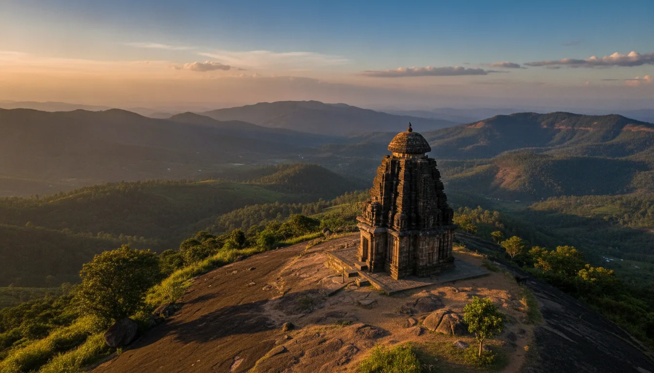 Bettada Byraveshwara Temple overlooking forested hills