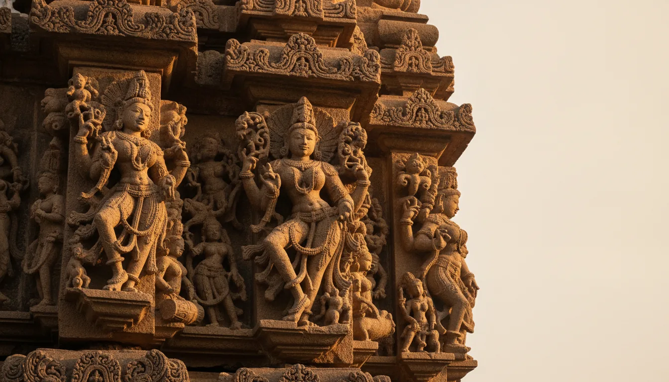 Intricate stone temple carvings depicting deities