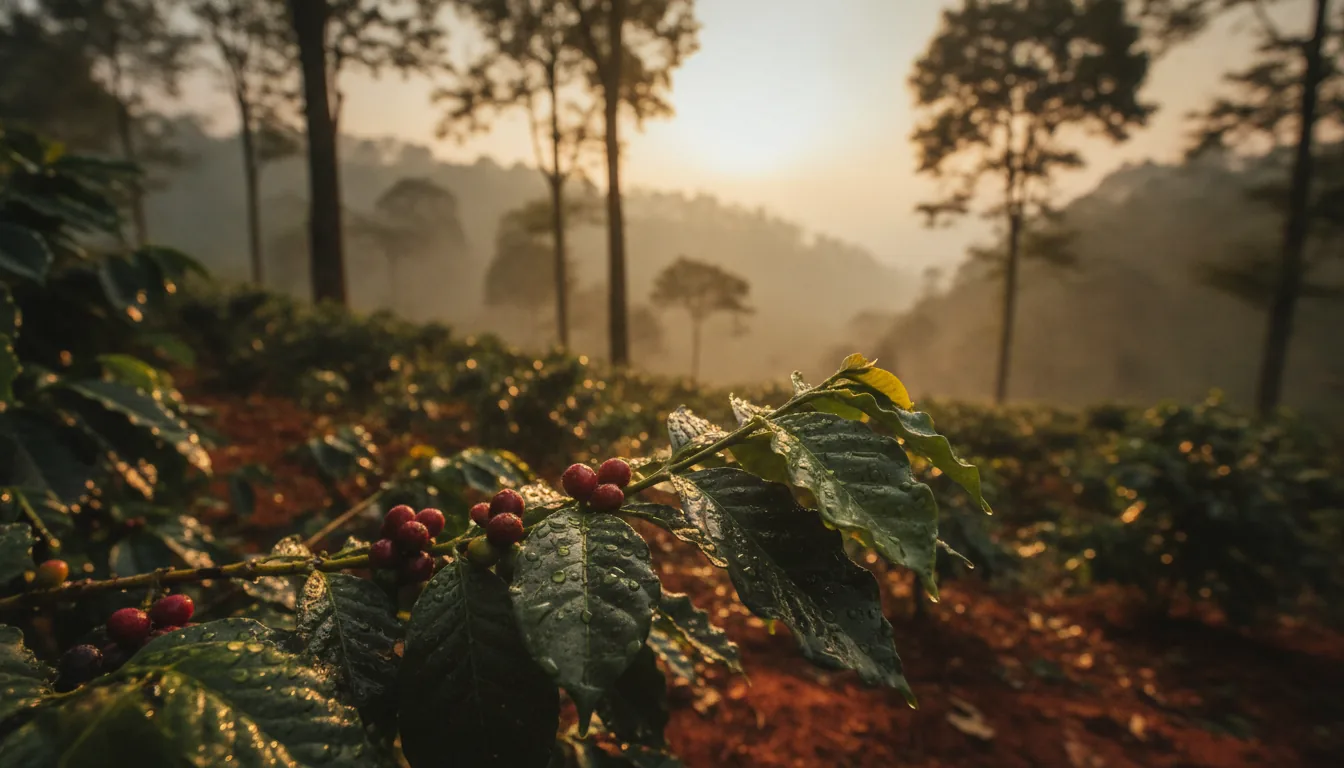 Coffee cherries growing in misty hill station plantation